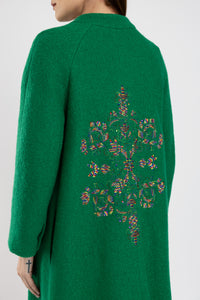 Palton verde lung din lana cu broderie computerizata florala