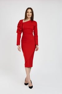Rochie roșie din jerse cu decolteu asimetric si maneca cu element decorativ