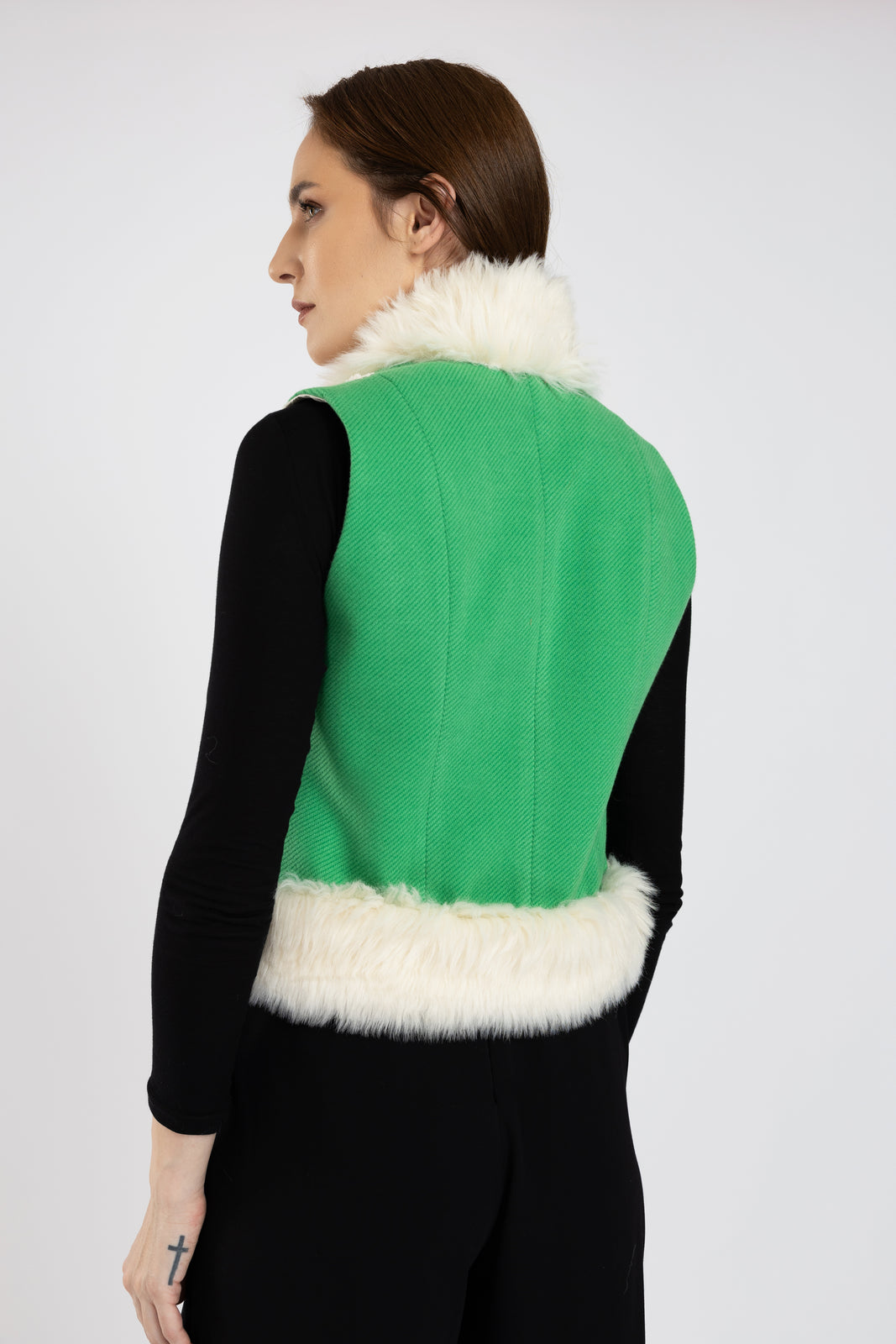 Incarca imaginea in galerie, Ilic scurt verde din stofa de lana cu blana artificiala