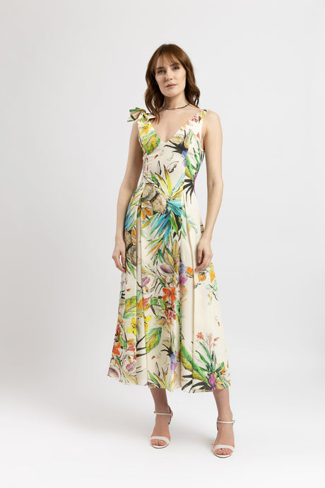 Rochie lunga din vascoza cu imprimeu floral in nuante pastelate