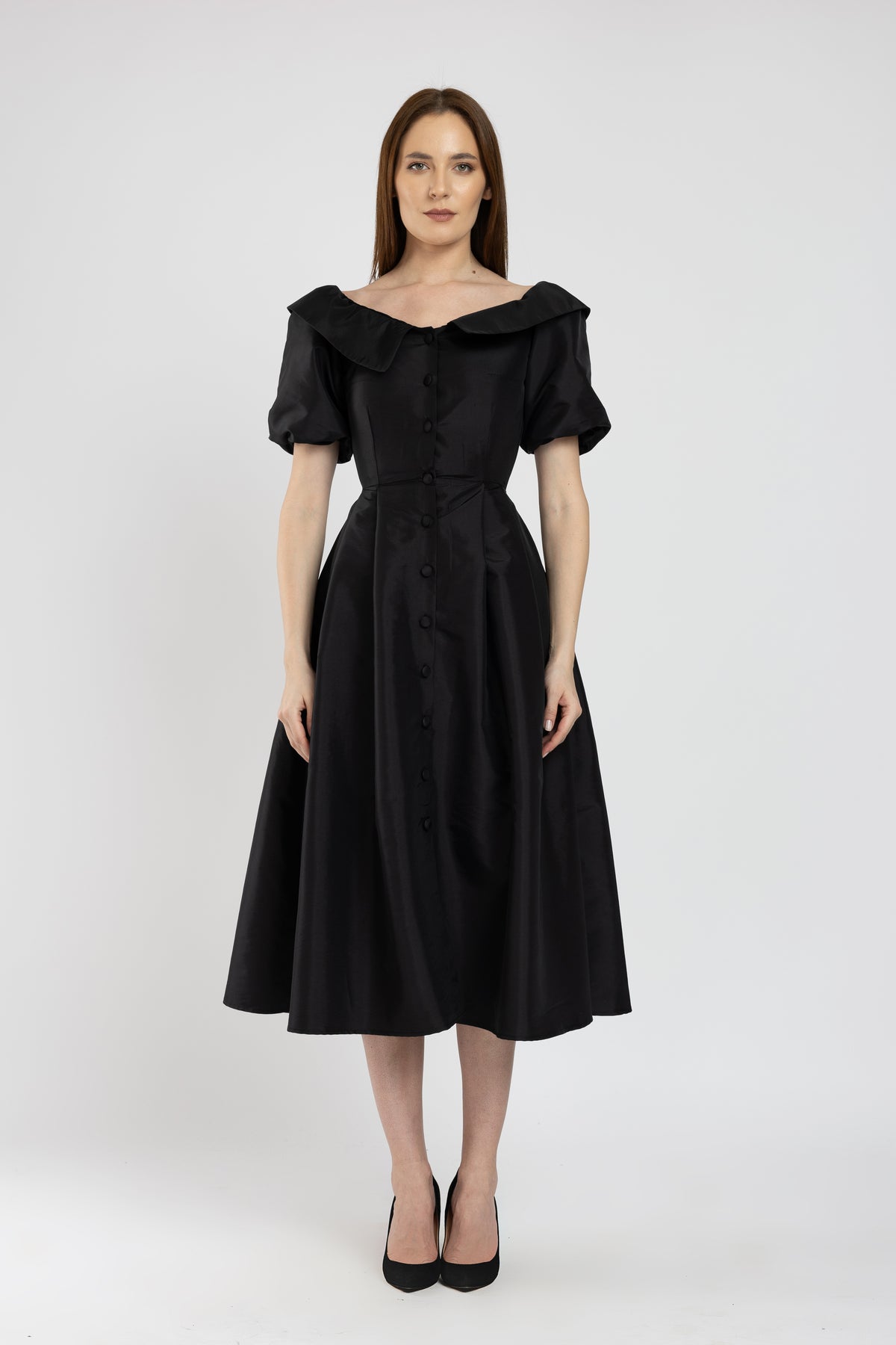 Elegant black taffeta midi dress with cut-out shoulders