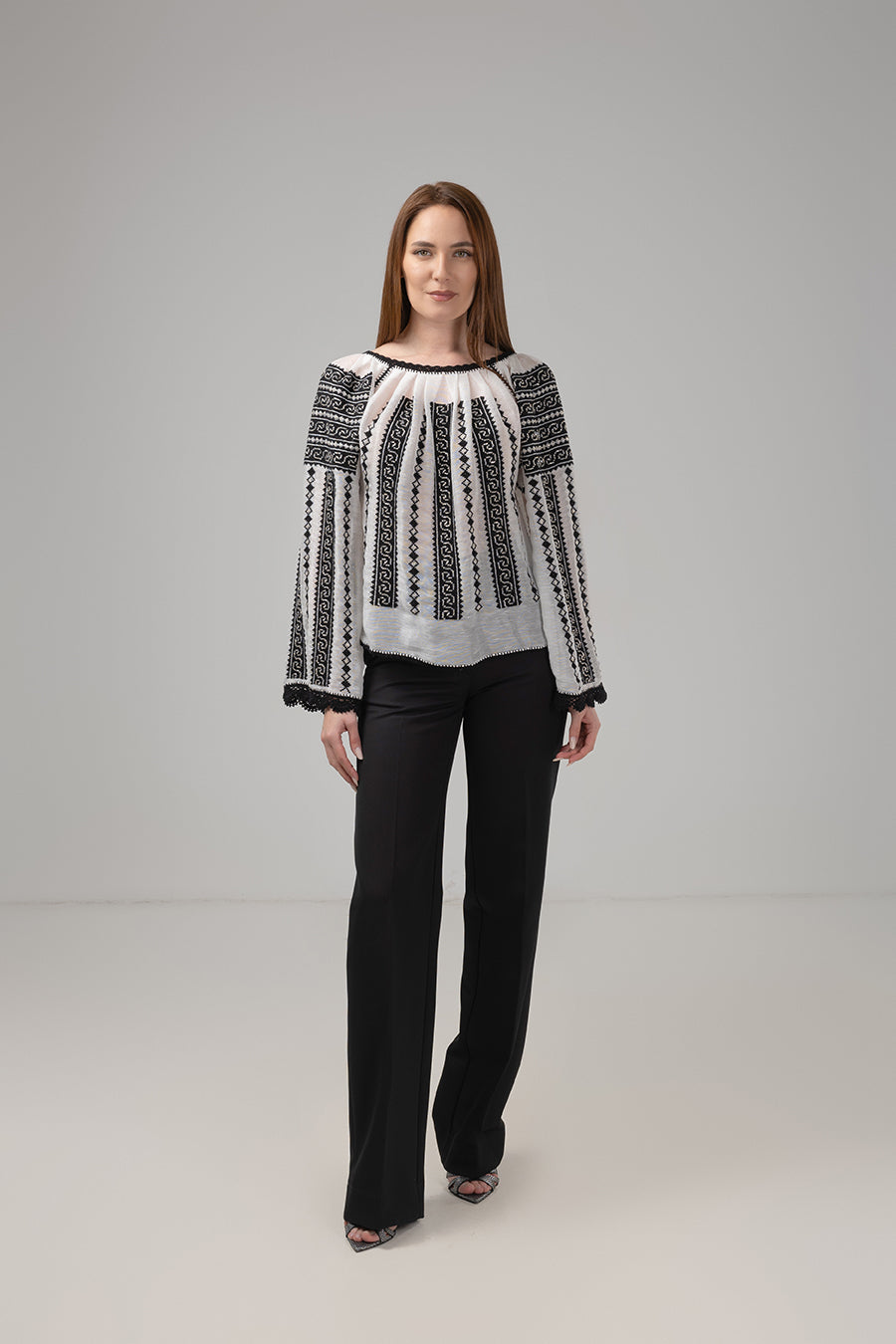 Load image into Gallery viewer, Traditional ie inspired blouse hand-stitched with black thread on silk marquisette