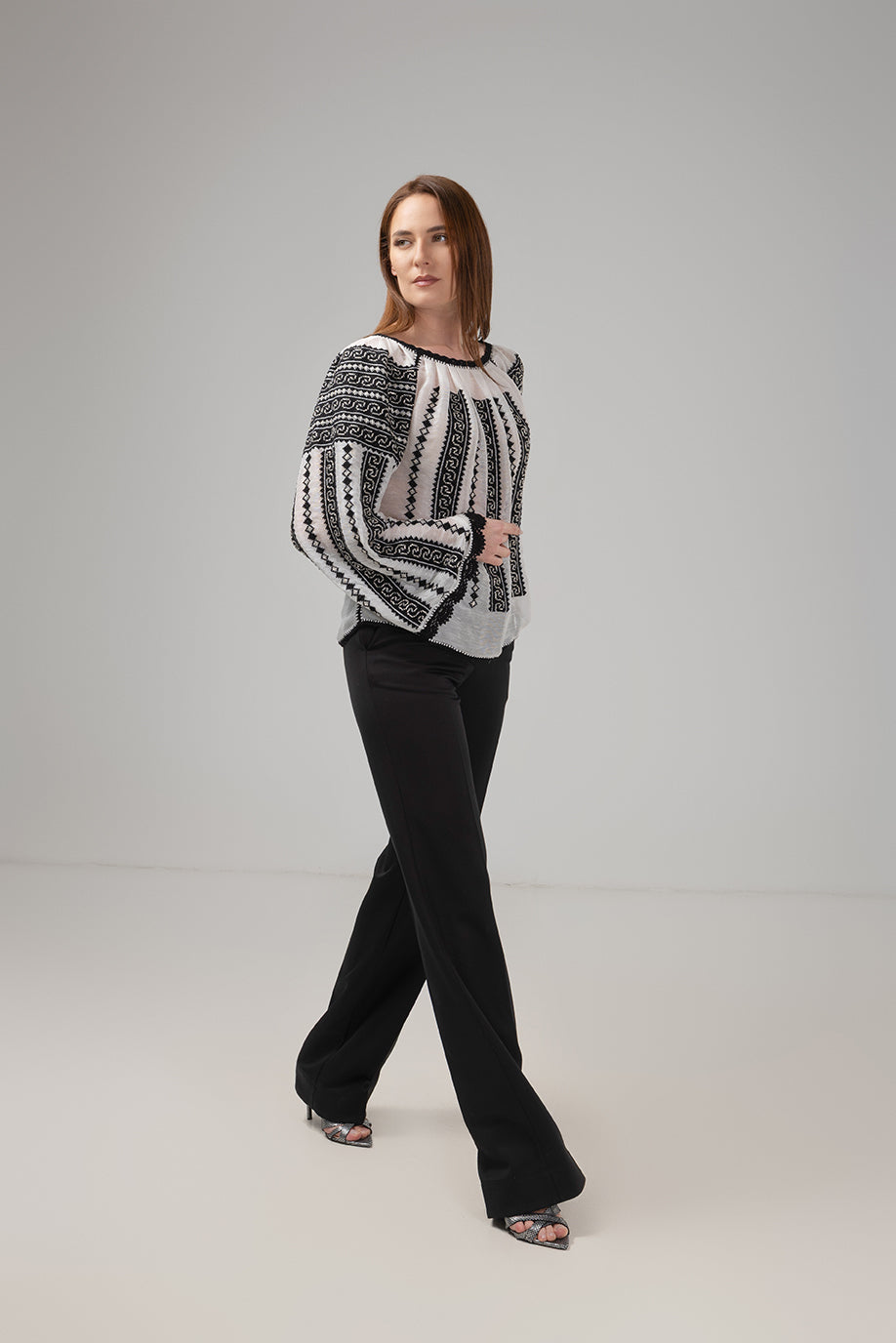 Load image into Gallery viewer, Traditional ie inspired blouse hand-stitched with black thread on silk marquisette
