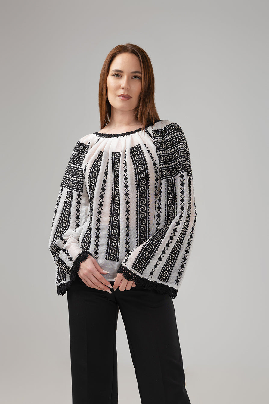 Load image into Gallery viewer, Traditional ie inspired blouse hand-stitched with black thread on silk marquisette