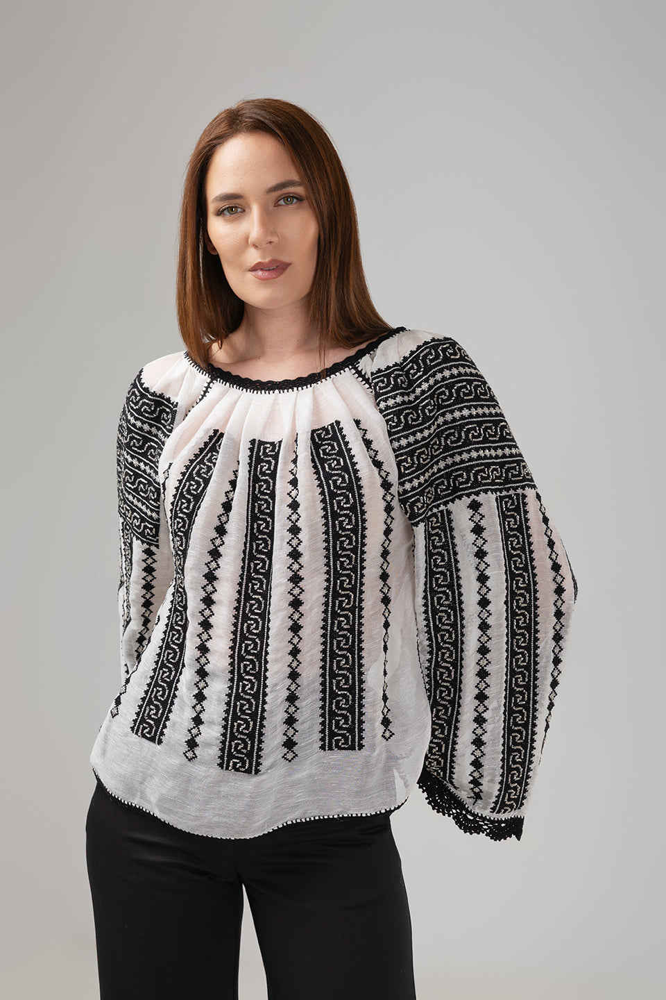 Load image into Gallery viewer, Traditional ie inspired blouse hand-stitched with black thread on silk marquisette