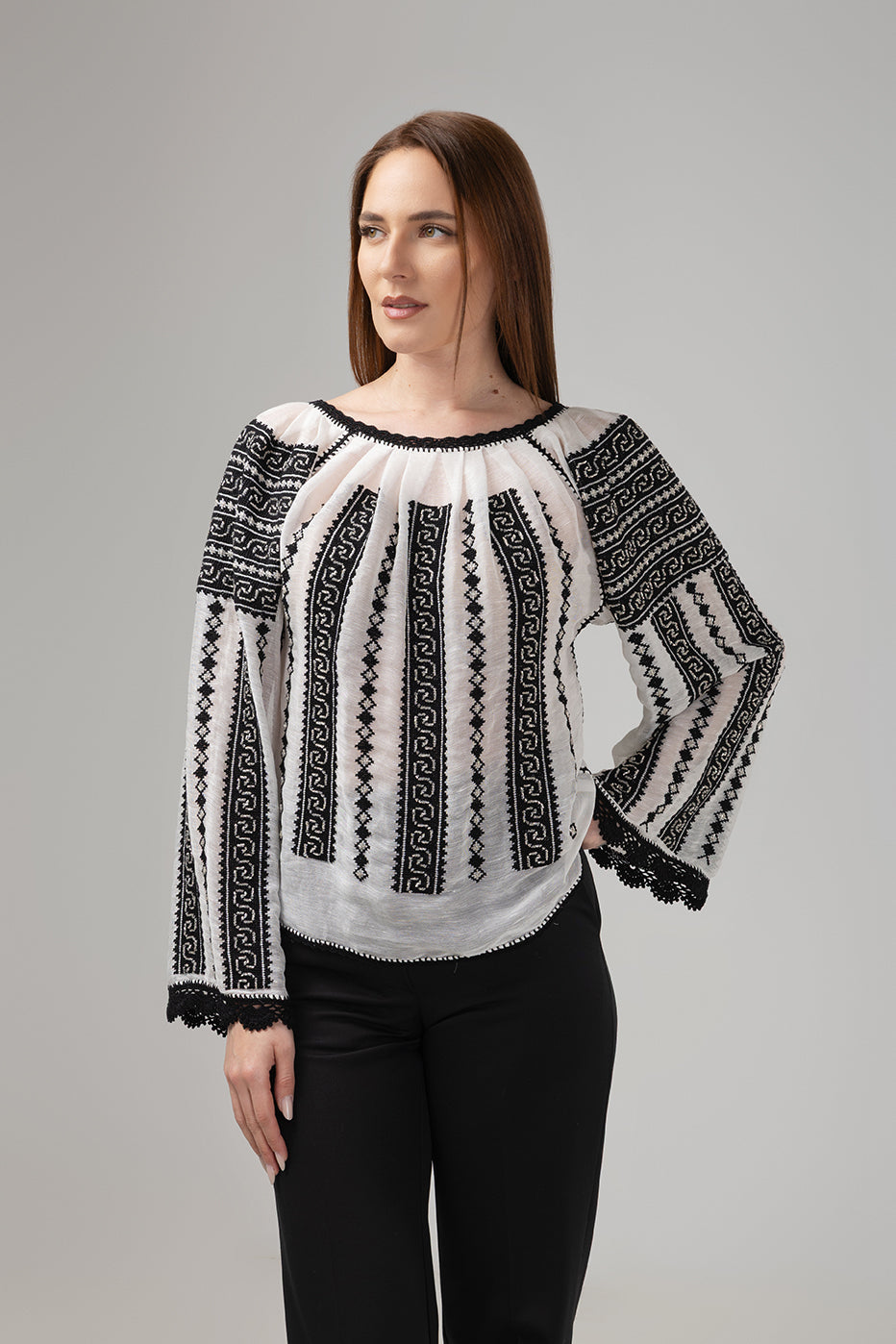 Load image into Gallery viewer, Traditional ie inspired blouse hand-stitched with black thread on silk marquisette