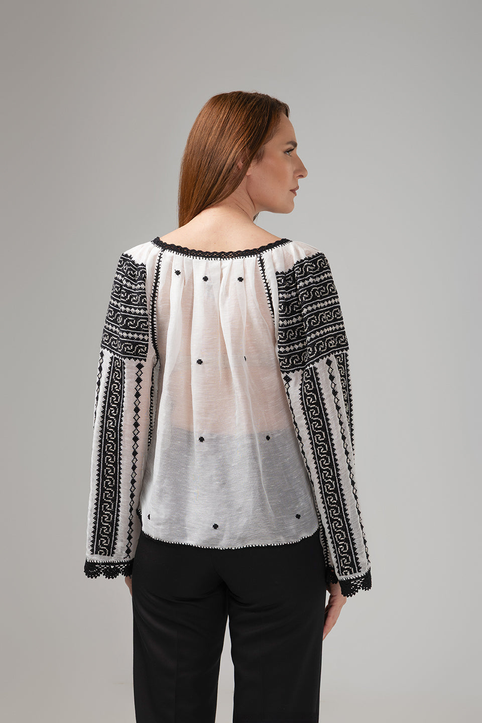 Load image into Gallery viewer, Traditional ie inspired blouse hand-stitched with black thread on silk marquisette