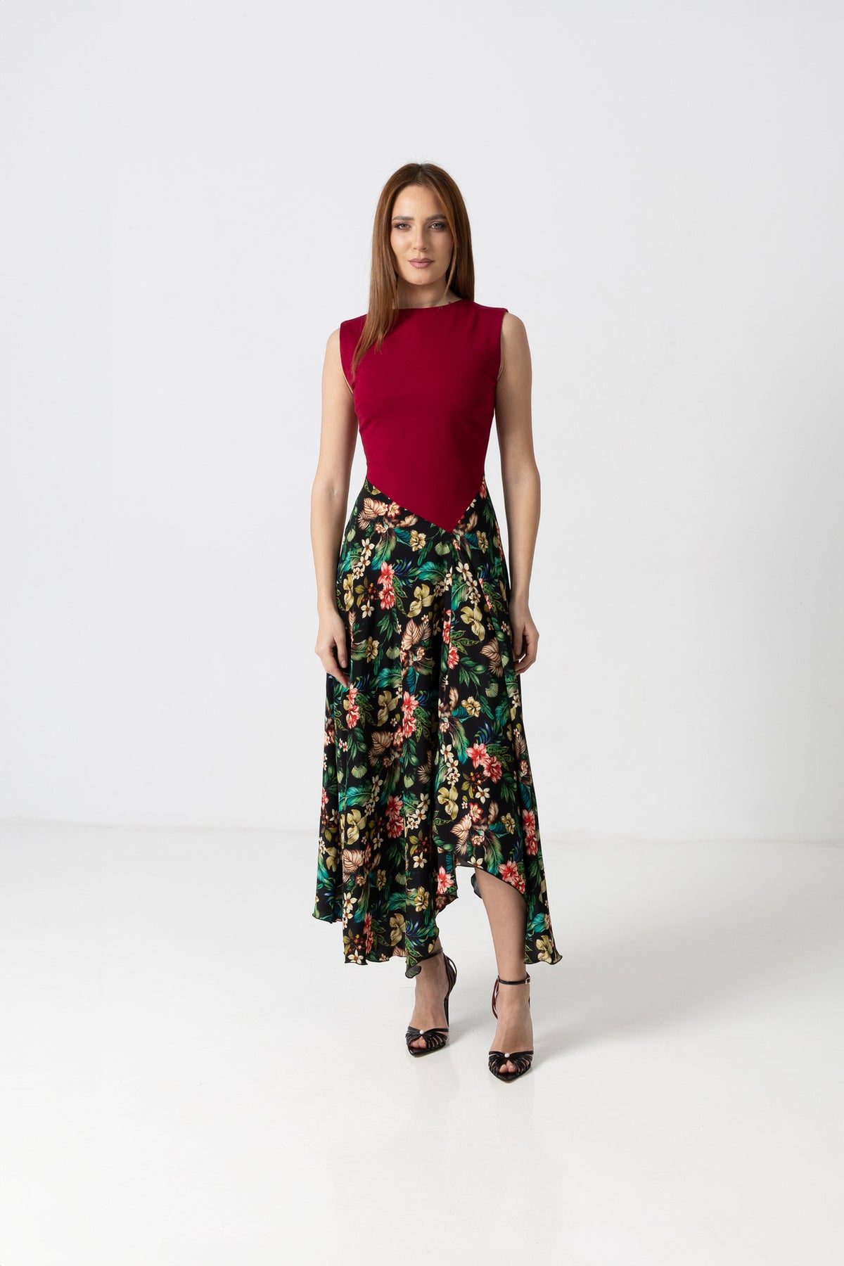 Rochie elegantă midi cu bust din jerse roșu și fustă din mătase florală