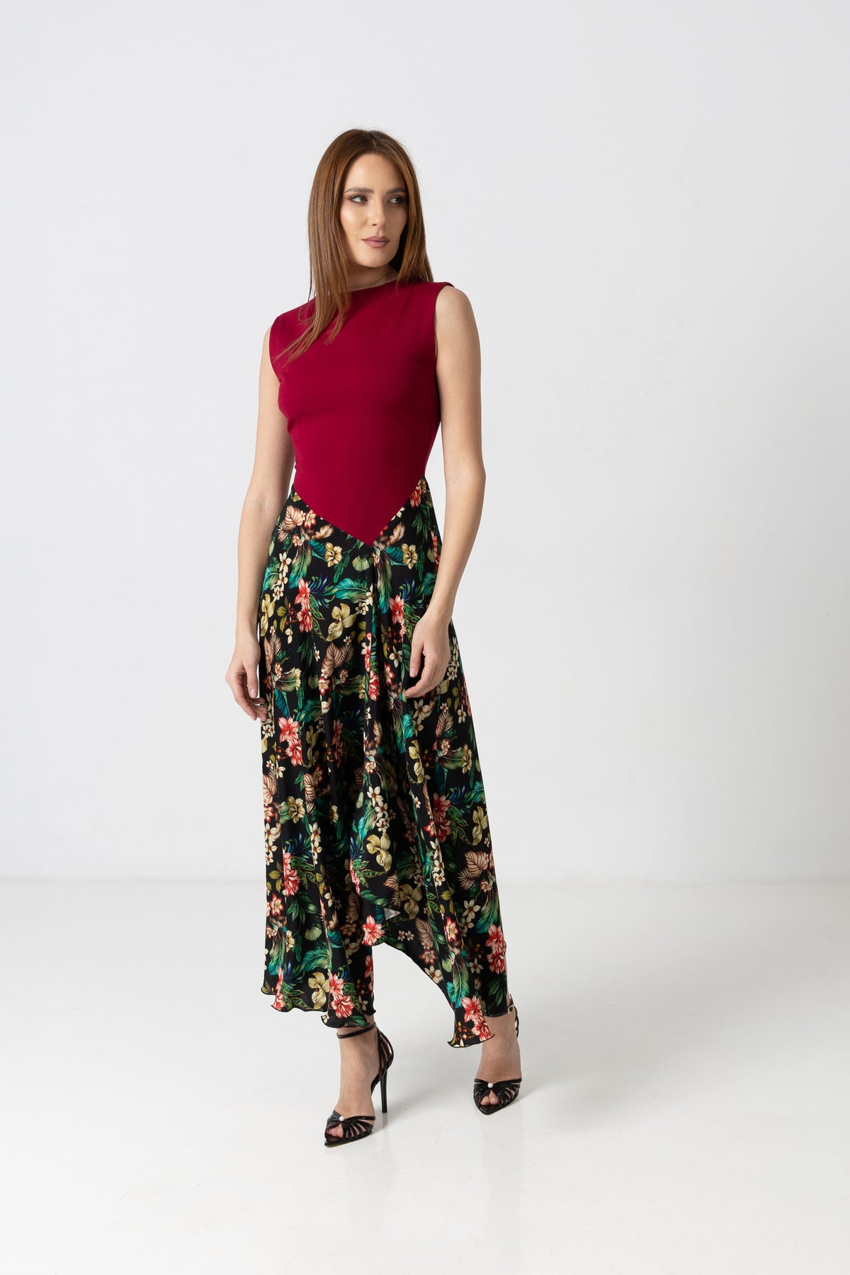 Rochie elegantă midi cu bust din jerse roșu și fustă din mătase florală