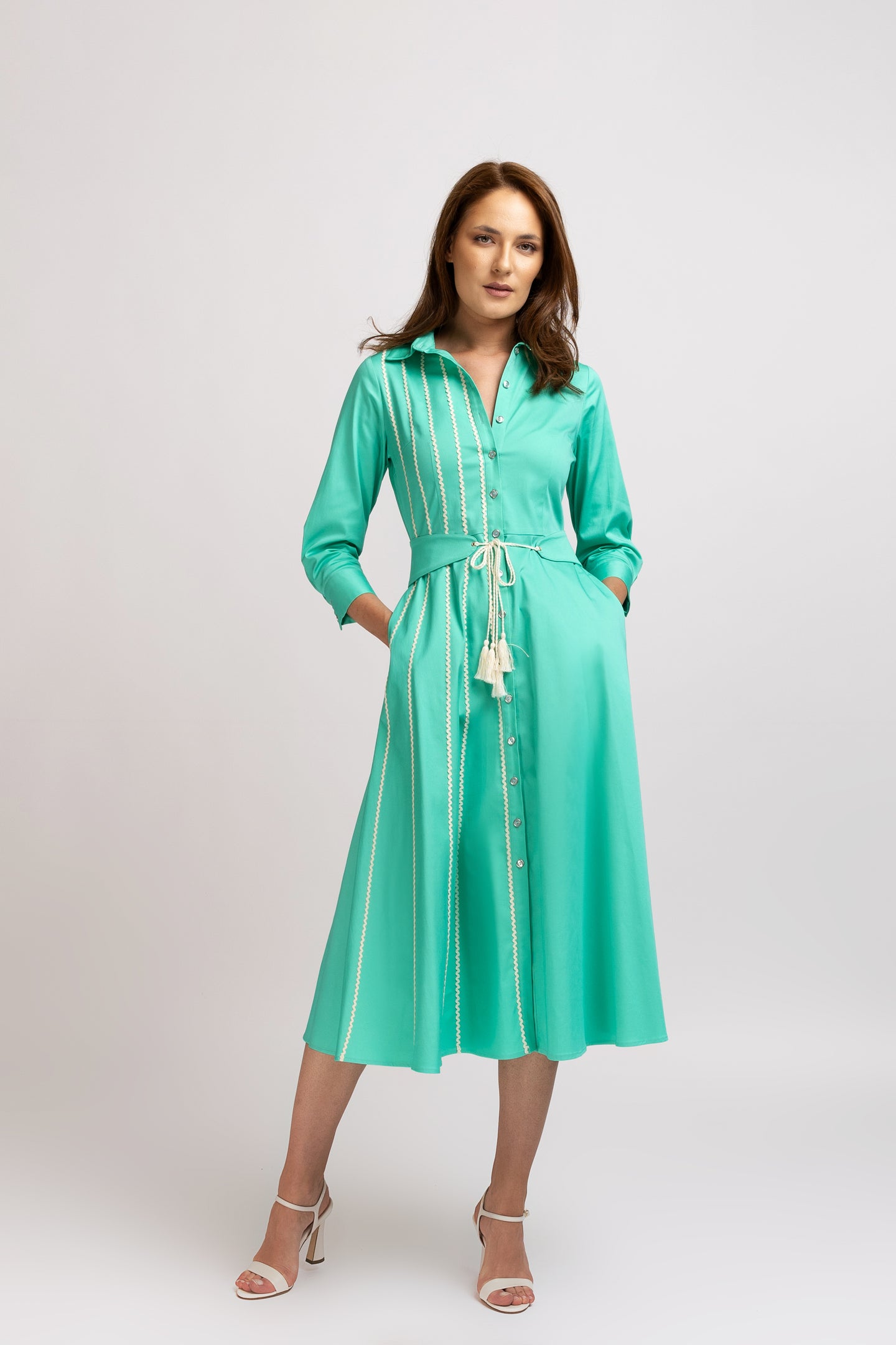 Dark green cotton shirt dress with macrame applications