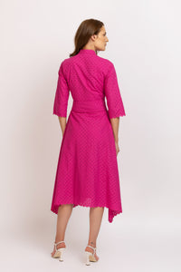 Fuchsia cotton dress with broken embroidery and puff sleeves