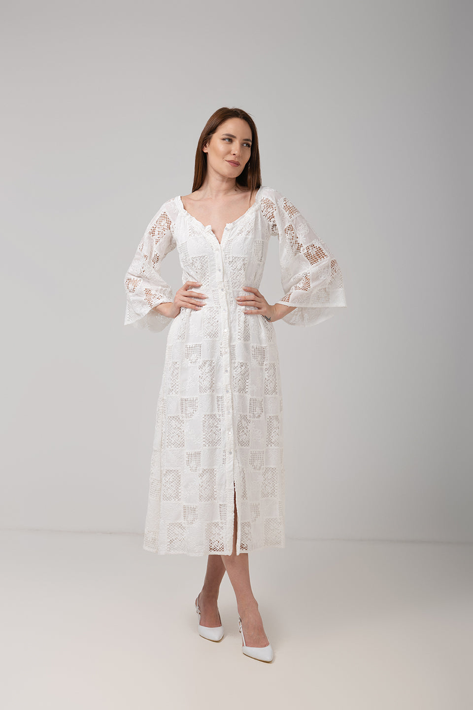 Load image into Gallery viewer, Denim off-shoulder midi dress with broken embroidery