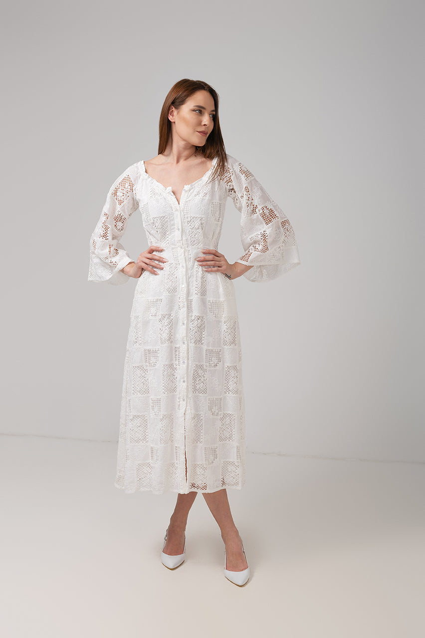 Load image into Gallery viewer, Denim off-shoulder midi dress with broken embroidery
