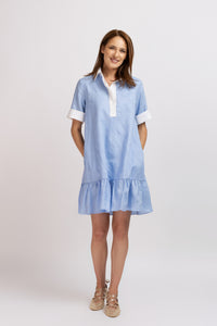 Rochie scurta din in bleu brodat si maneca scurta