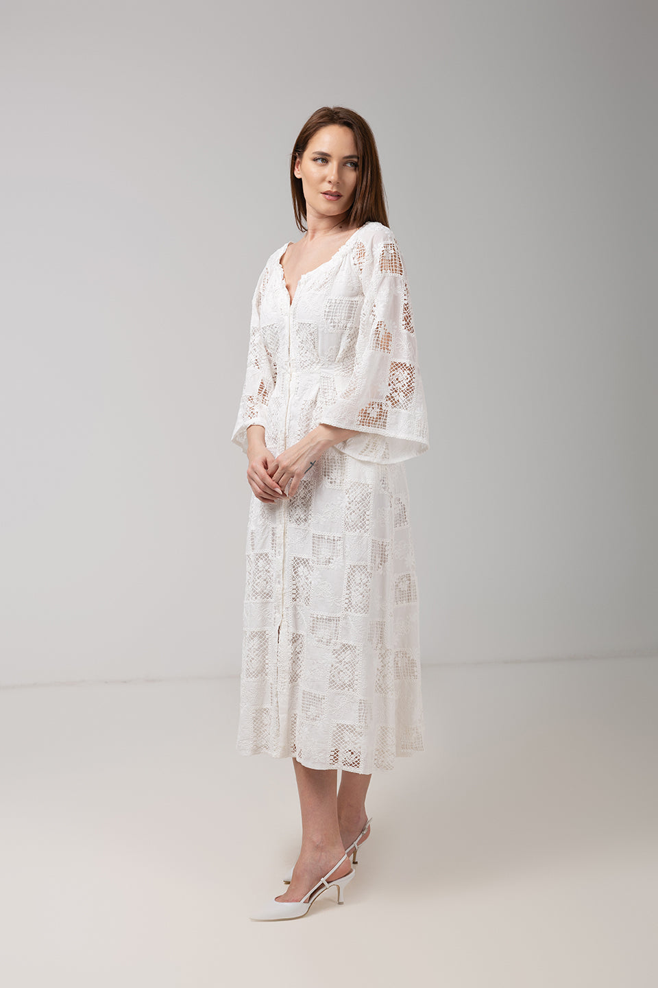 Load image into Gallery viewer, Denim off-shoulder midi dress with broken embroidery