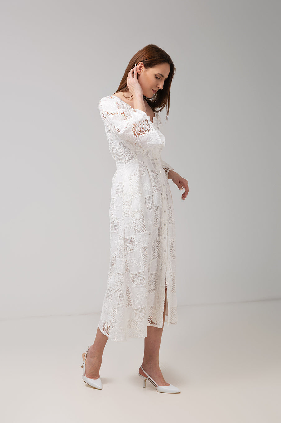 Load image into Gallery viewer, Denim off-shoulder midi dress with broken embroidery