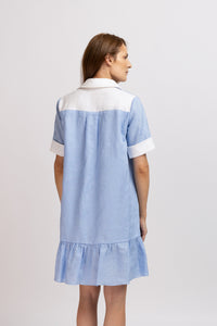 Rochie scurta din in bleu brodat si maneca scurta