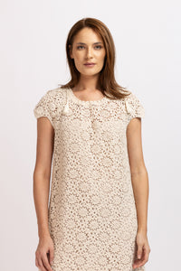 Rochie scurta din bumbac bej cu macrame floral