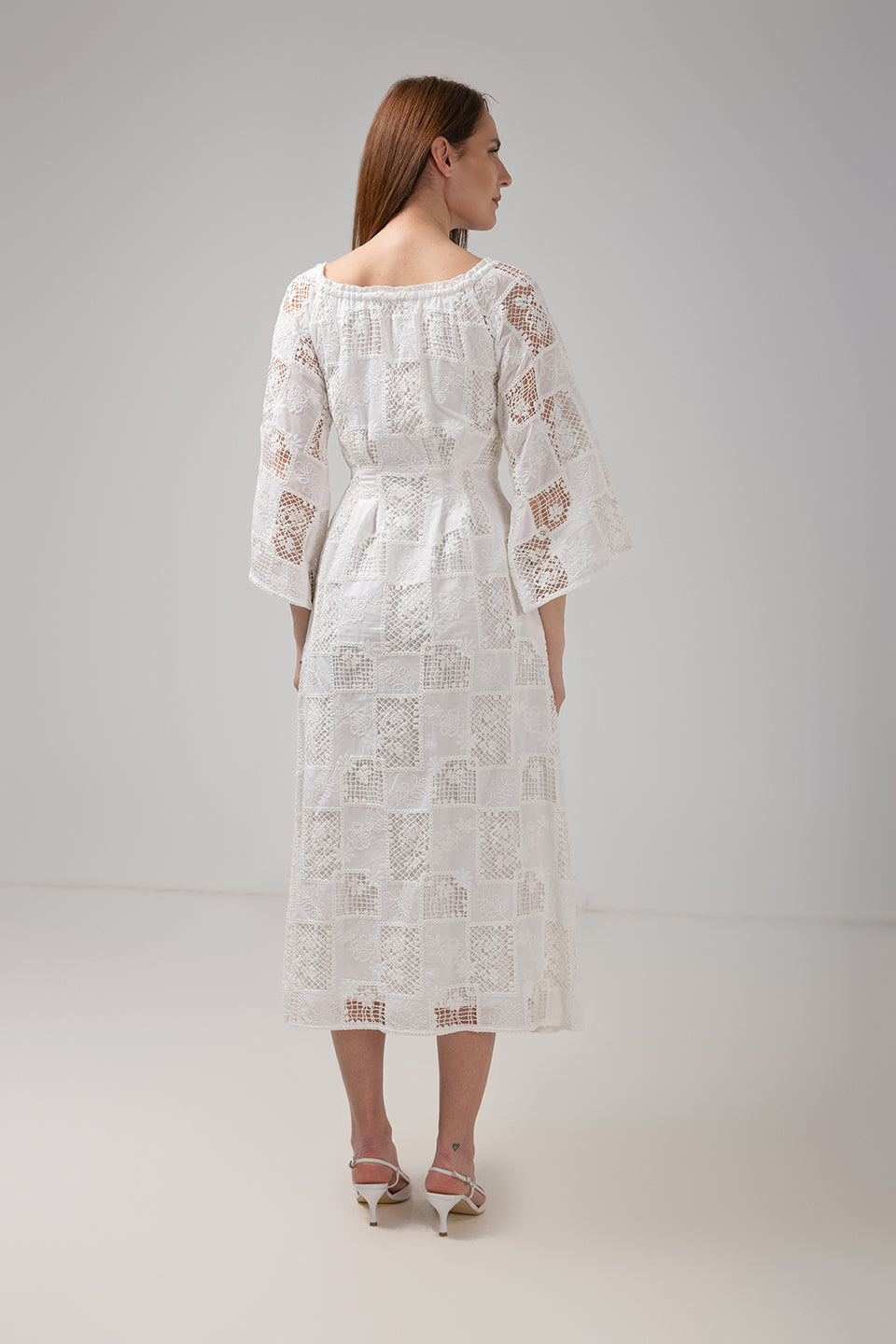 Load image into Gallery viewer, Denim off-shoulder midi dress with broken embroidery