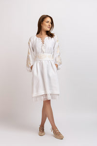 White linen type dress with computerized embroidery