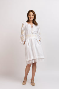 White linen type dress with computerized embroidery