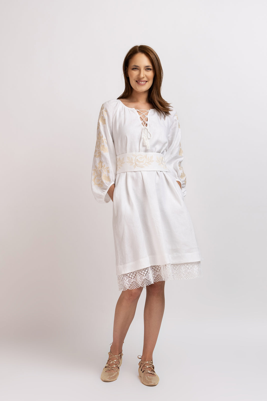 Load image into Gallery viewer, White linen type dress with computerized embroidery