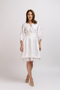 White linen type dress with computerized embroidery