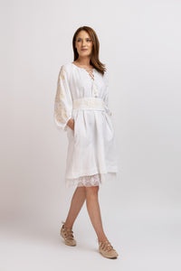 White linen type dress with computerized embroidery