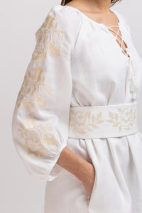 White linen type dress with computerized embroidery