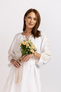 White linen type dress with computerized embroidery