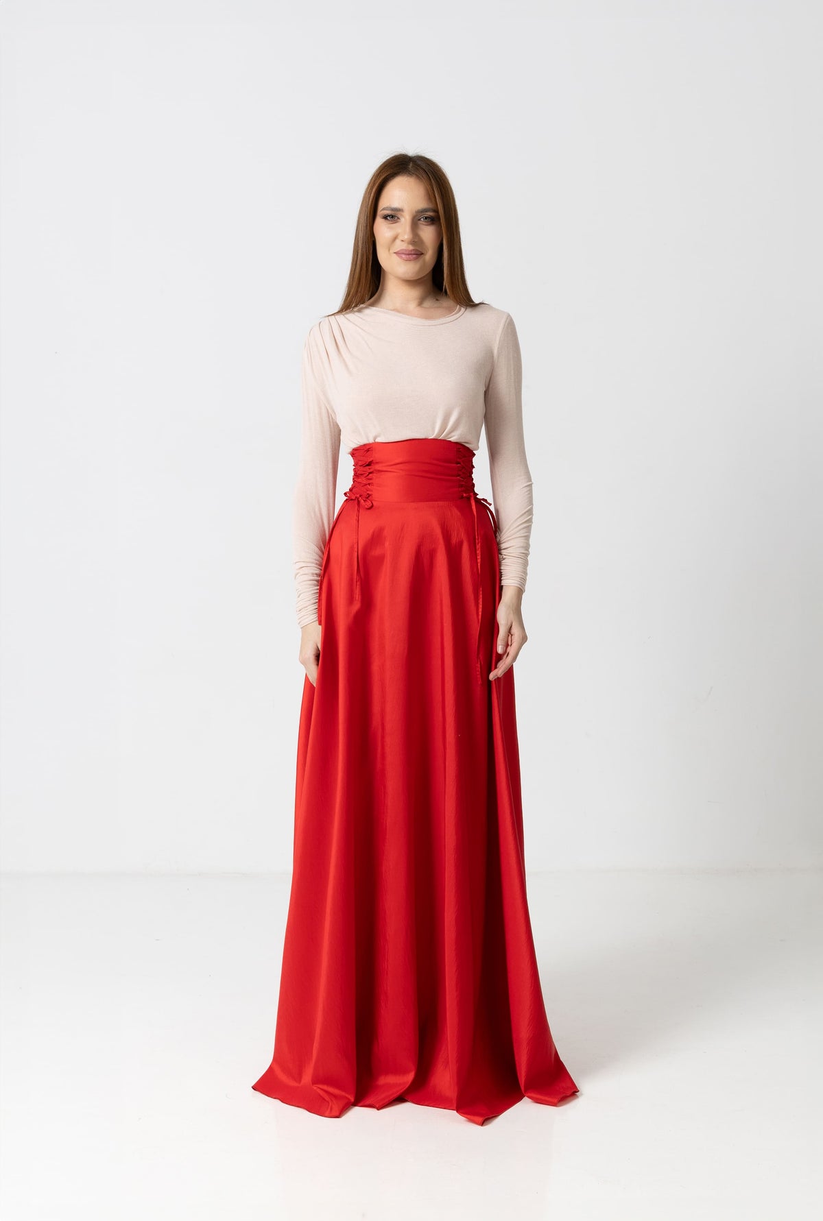 Maxi black taffeta skirt with high waist and side laces