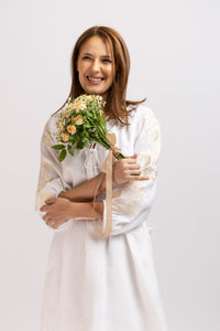 White linen type dress with computerized embroidery