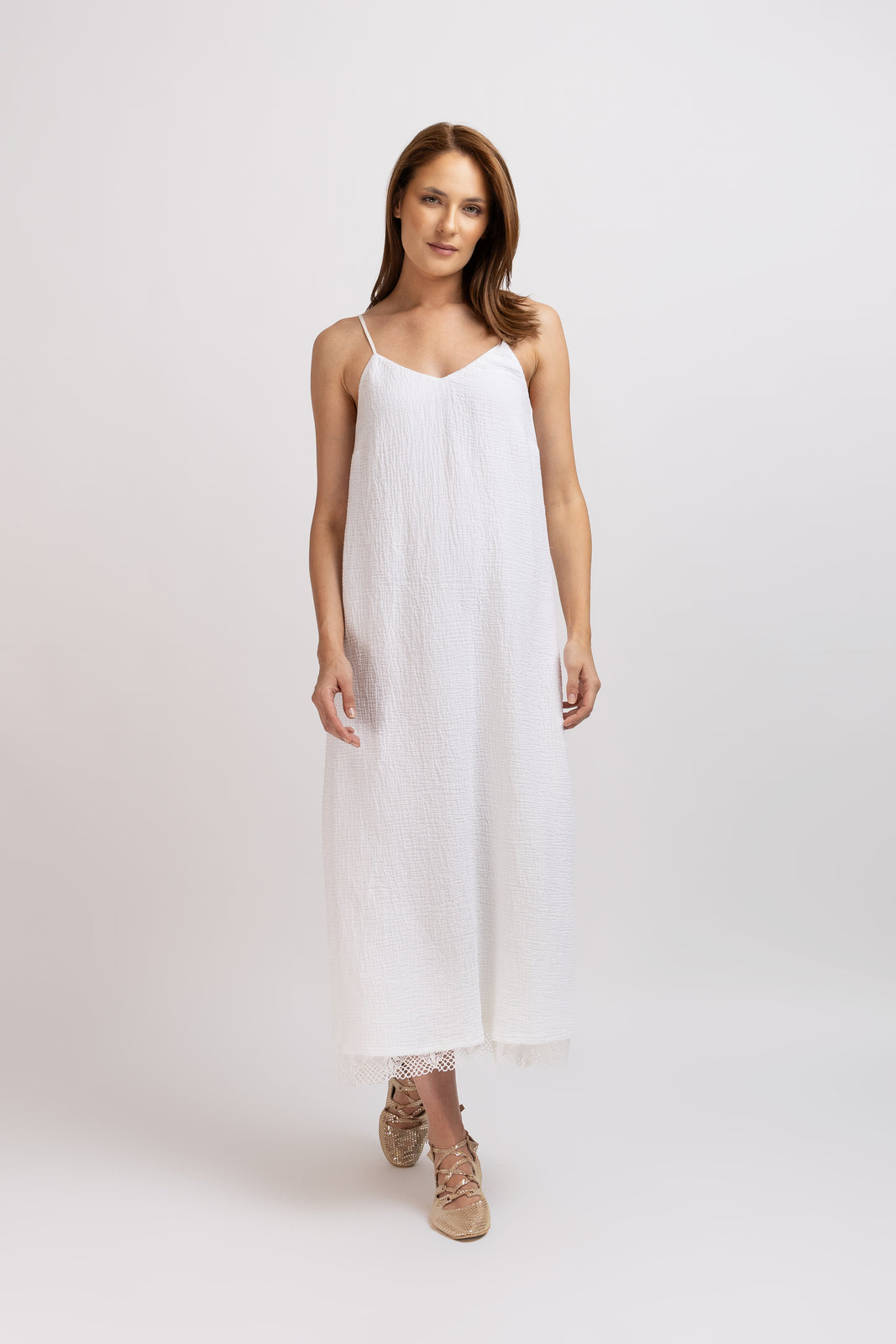 Load image into Gallery viewer, White linen type dress with computerized embroidery