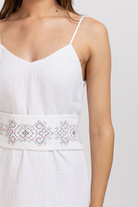 White linen type dress with computerized embroidery