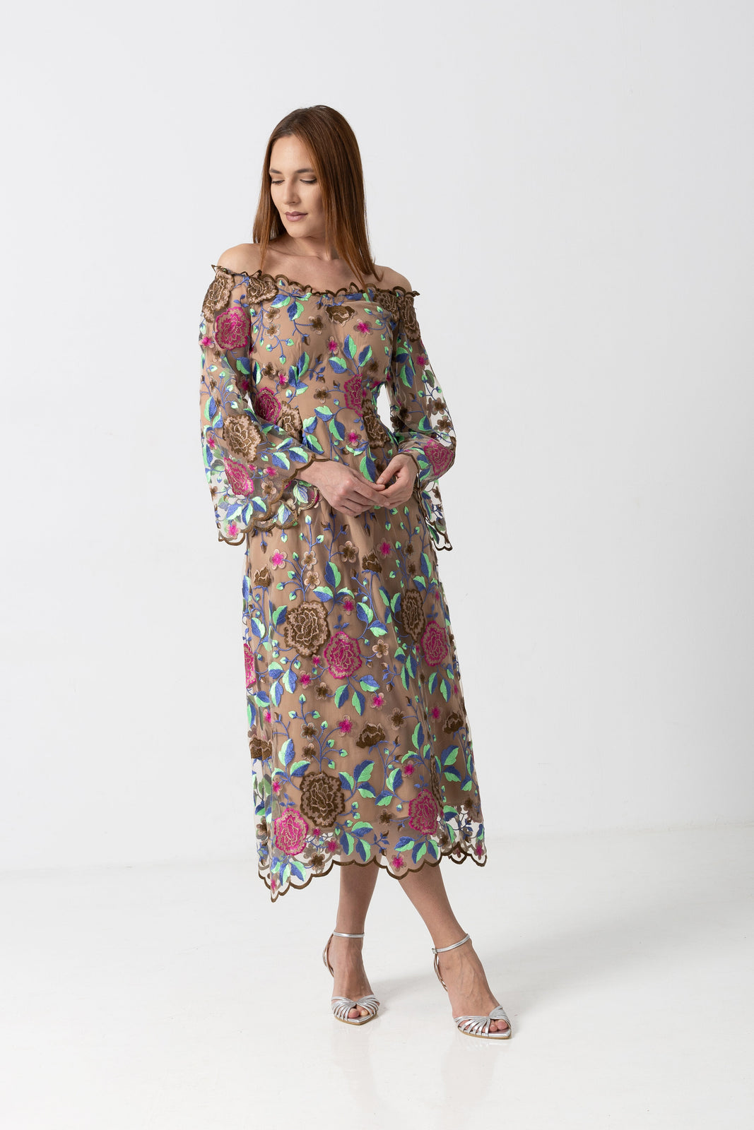 Load image into Gallery viewer, Dusty pink midi dress with cut-out shoulders