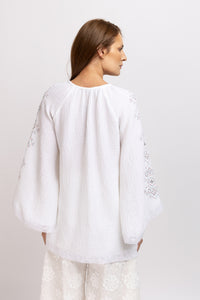 White linen type dress with computerized embroidery