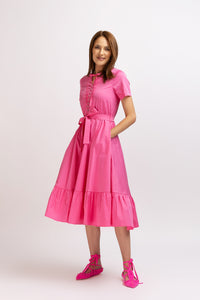 Fuchsia cotton midi dress with short sleeves and drawstring at the waist