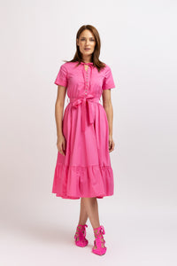 Fuchsia cotton midi dress with short sleeves and drawstring at the waist