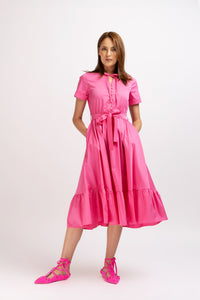 Fuchsia cotton midi dress with short sleeves and drawstring at the waist