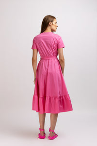 Fuchsia cotton midi dress with short sleeves and drawstring at the waist