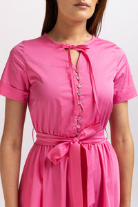 Fuchsia cotton midi dress with short sleeves and drawstring at the waist