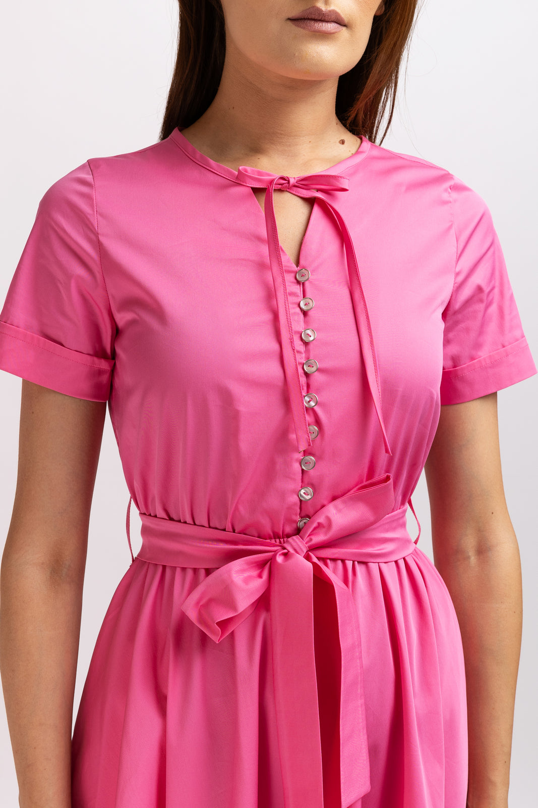 Load image into Gallery viewer, Fuchsia cotton midi dress with short sleeves and drawstring at the waist