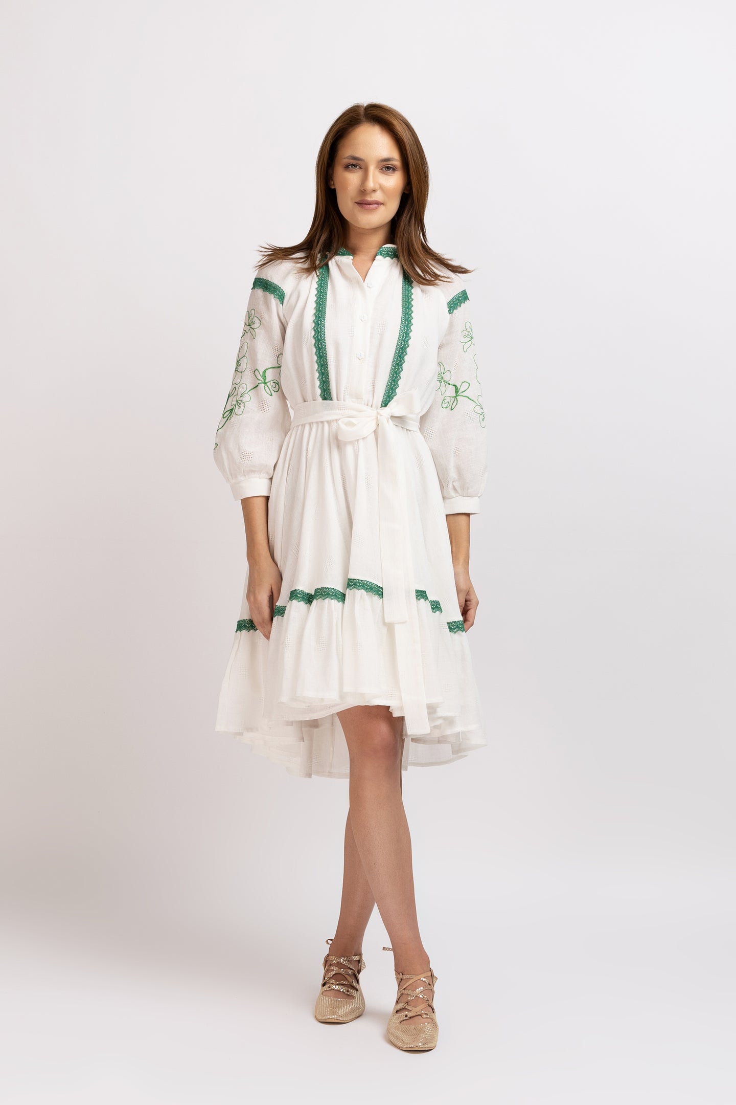 White linen type dress with computerized embroidery