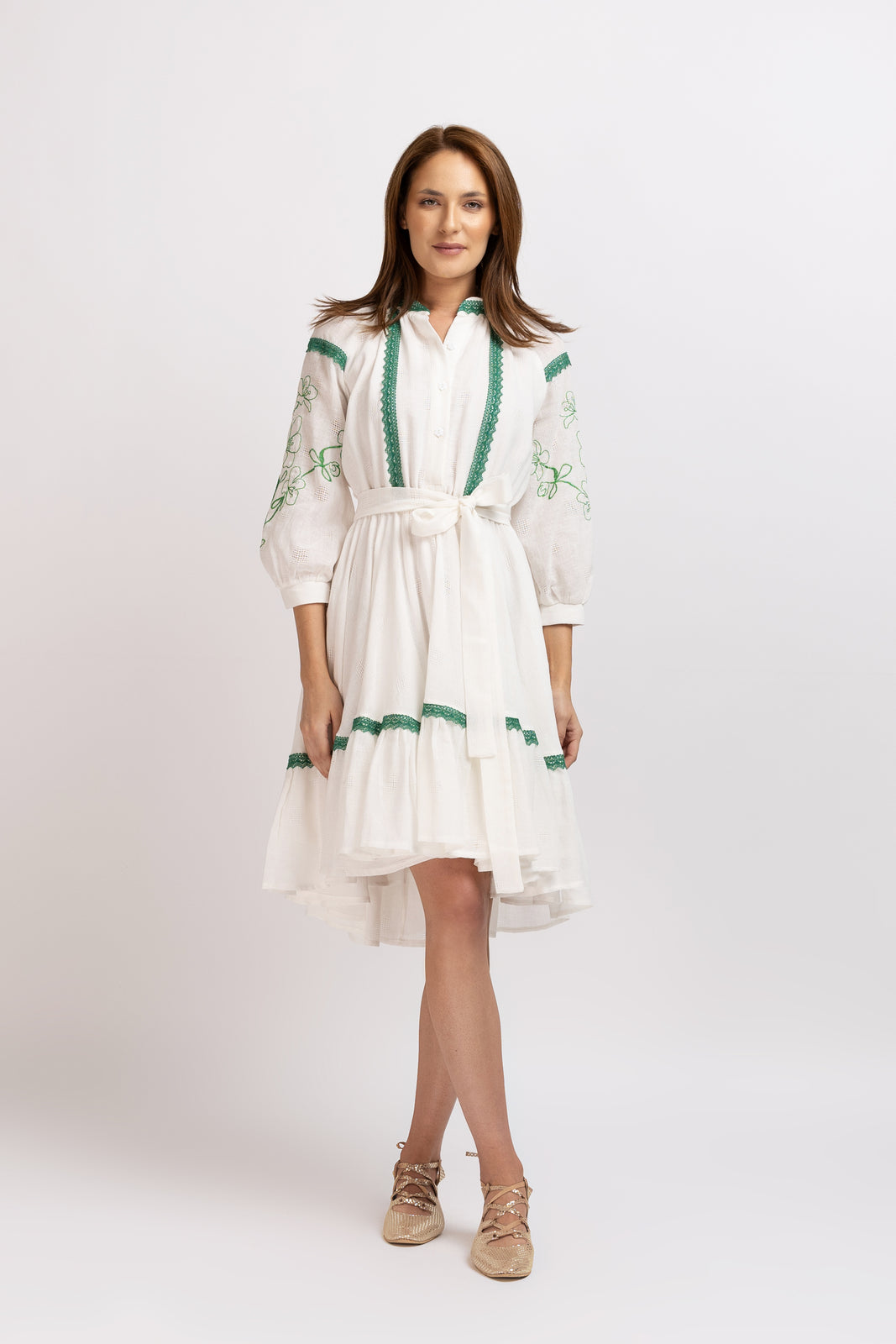 Load image into Gallery viewer, White linen type dress with computerized embroidery