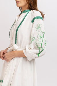 White linen type dress with computerized embroidery