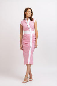 Fuchsia cotton midi dress with short sleeves and drawstring at the waist