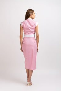 Fuchsia cotton midi dress with short sleeves and drawstring at the waist