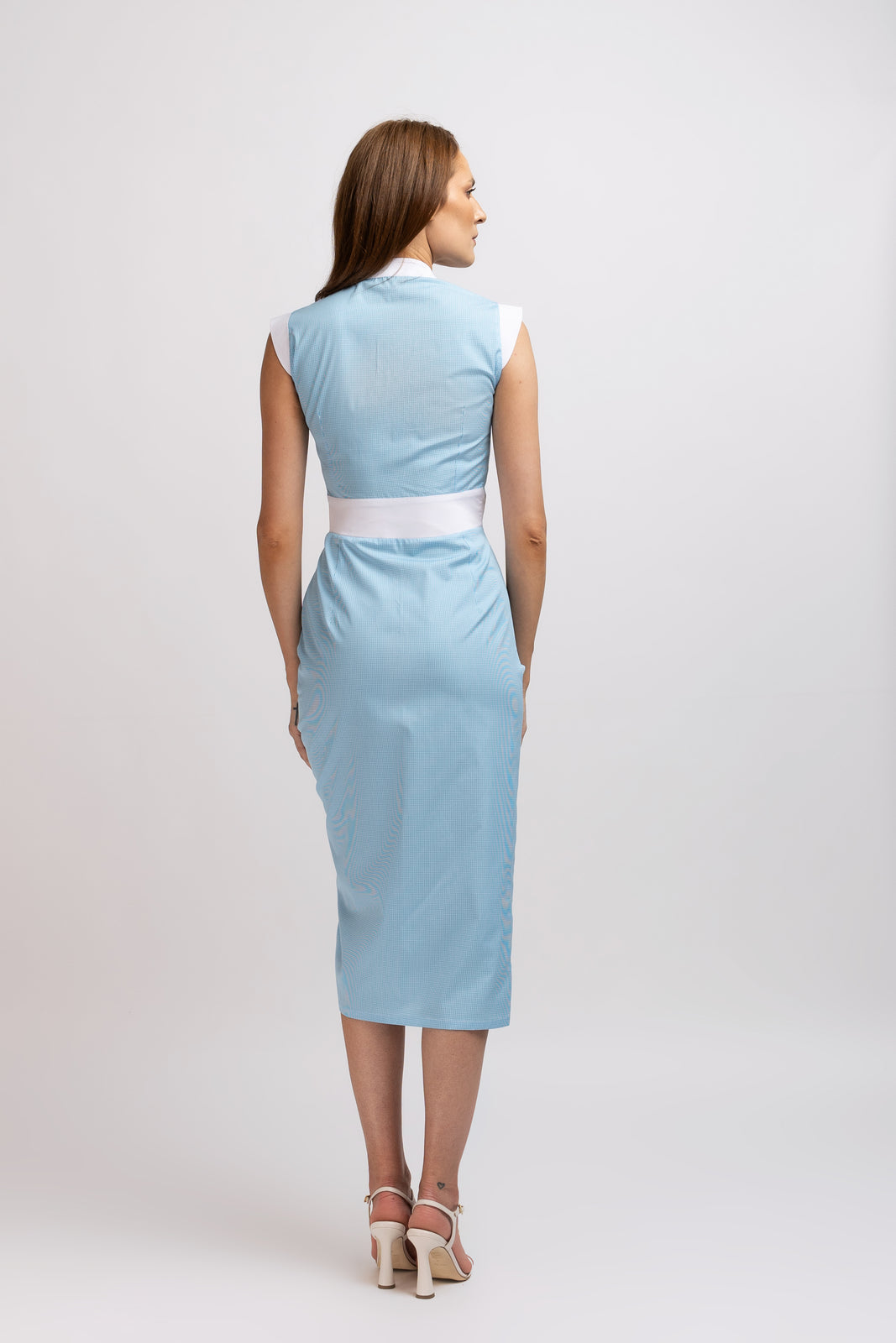 Incarca imaginea in galerie, Rochie midi din bumbac bleu si alb in carouri mici cu maneca scurta