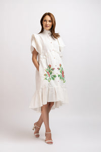 White linen type dress with computerized embroidery