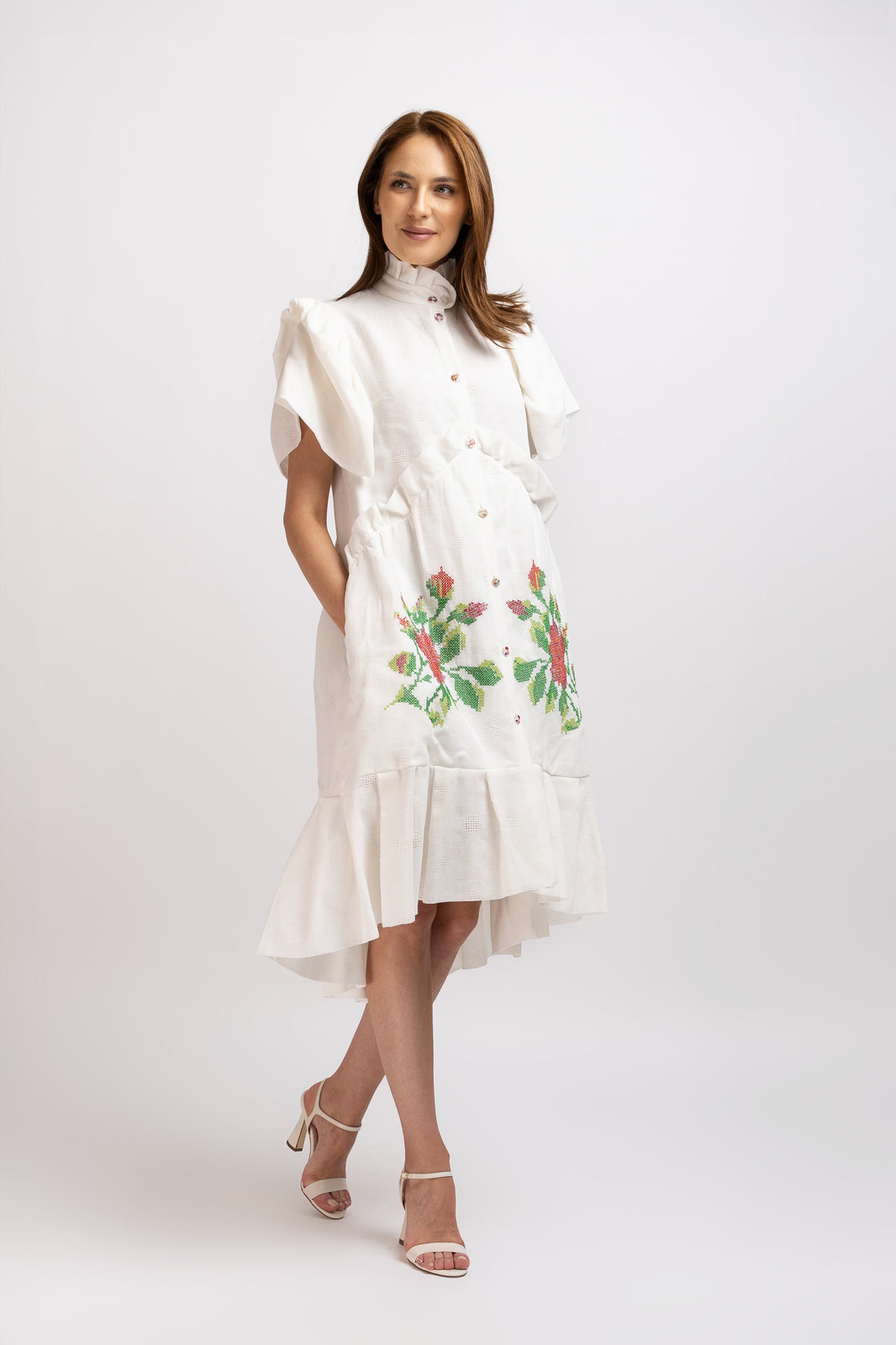 Load image into Gallery viewer, White linen type dress with computerized embroidery